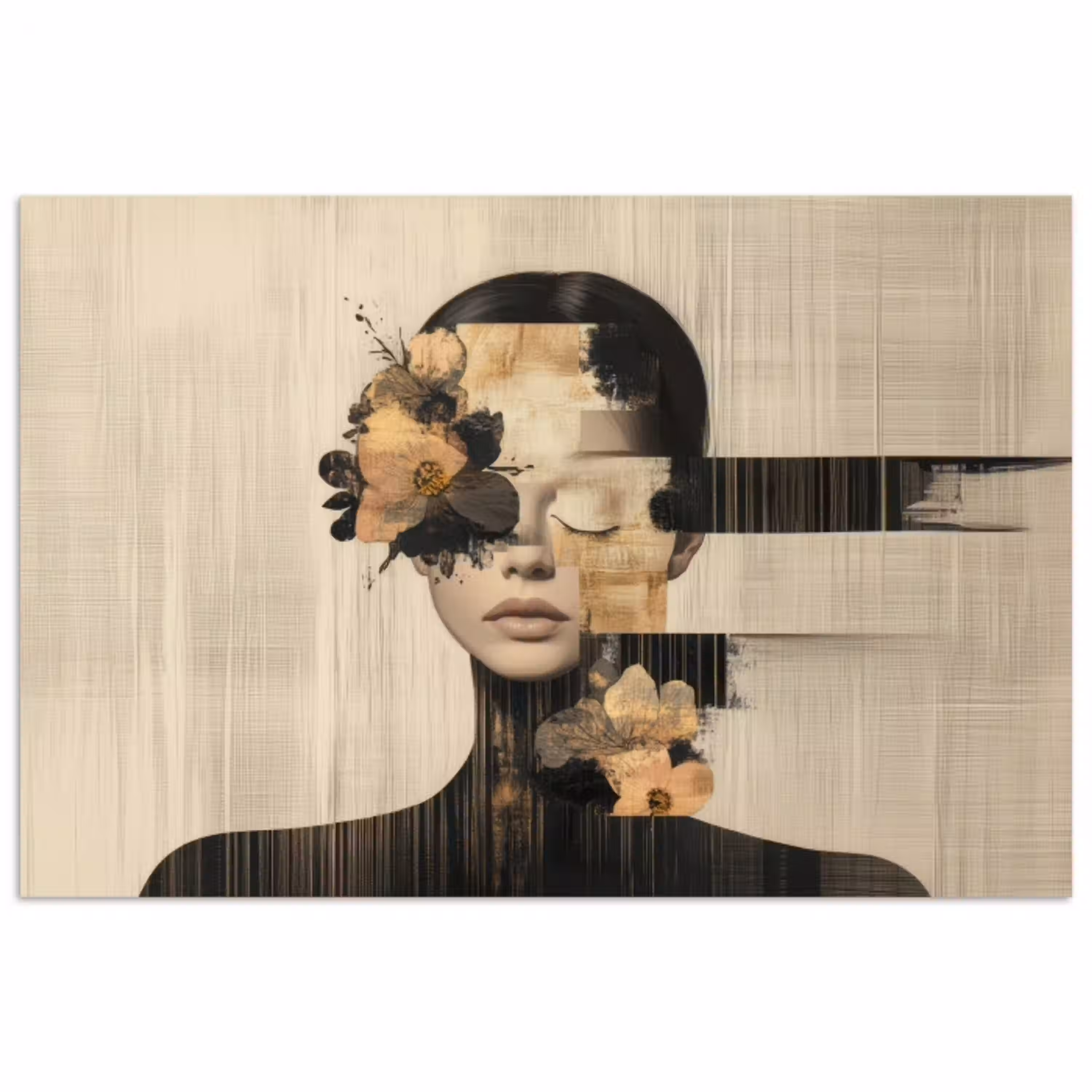 Gezicht - Bloemen - Zwart - Vrouw poster papier klein -3d