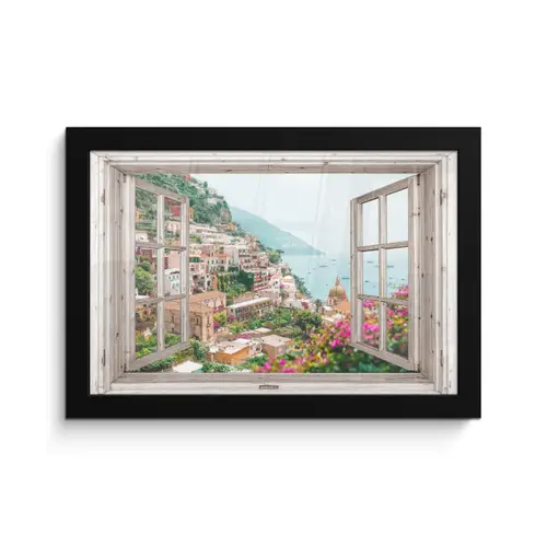 Doorkijk - Italië - Bloemen - Zee - Kust - Stad - Bergen fotolijst zwart zonder passe partout klein -3d