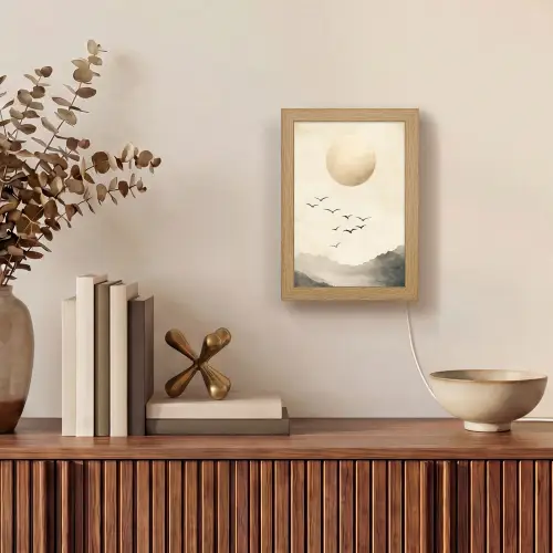 Landschap - Japandi - vogel Light Box met kabel (Tafellamp) klein -sfeer2