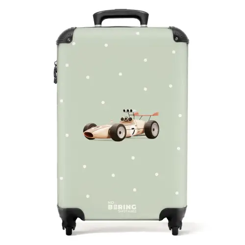 Beige retro raceauto op groene stippen achtergrond NBS - Handbagage koffer - Kinderen Unisex middel -productfoto_recht