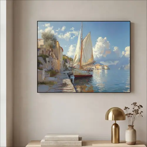 Zeilschip - Huizen - Kade - Zee Textielframe zwart klein -sfeer2