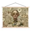Vrouw - Bloemen - Zonnebril - Wit textielposter latten blank klein -3d