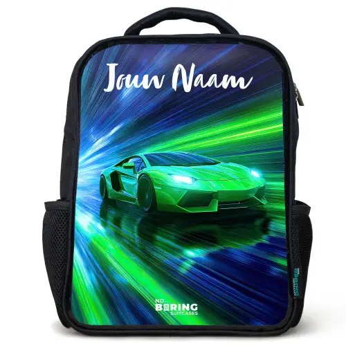 Sportauto - Groen - Snelheidslijnen - Neon Rugzak - Zwart middel -3d