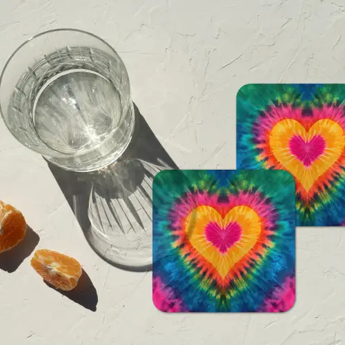 Hart - Tie Dye - Kleurrijk onderzetter kurk middel -sfeer4