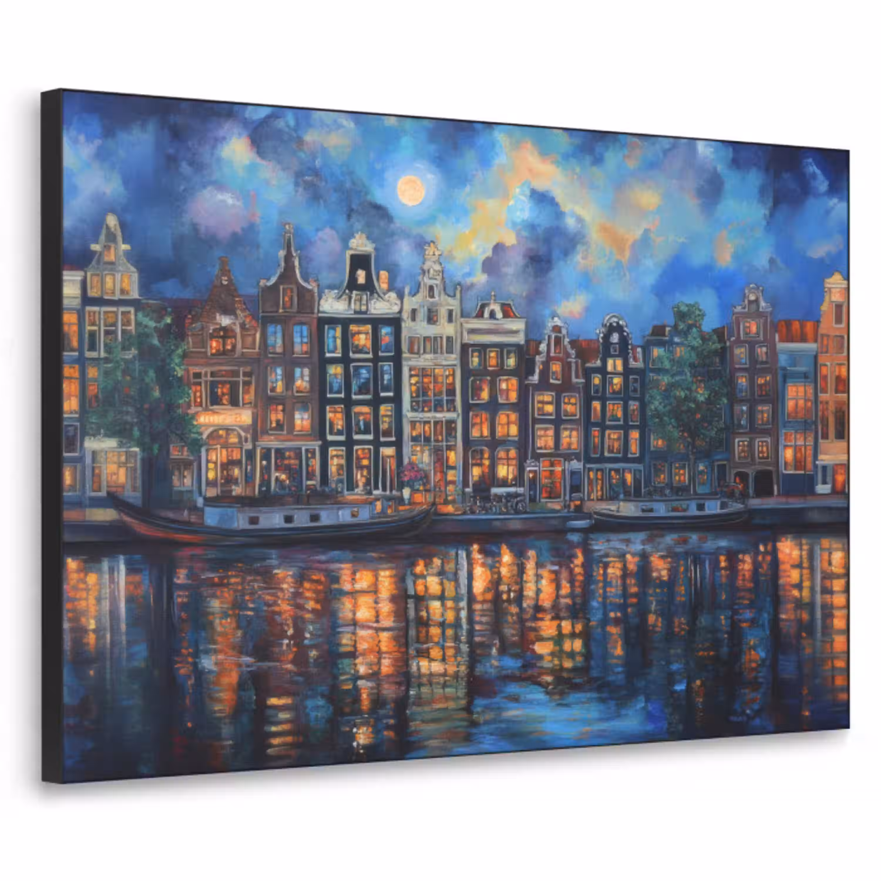 Grachten Amsterdam - Huizen - Stad - Kleurrijk Textielframe - compleet frame klein -3d