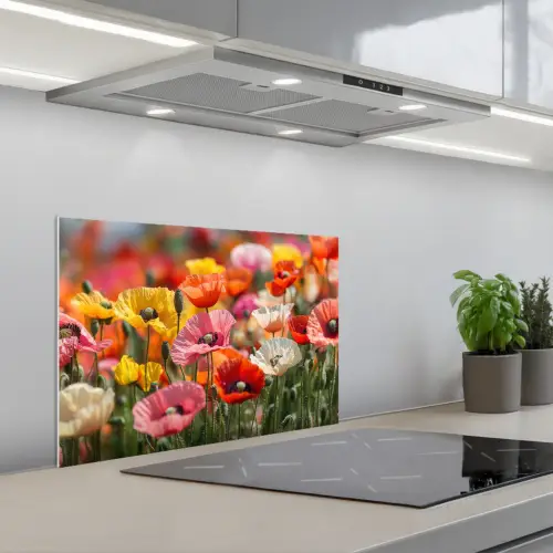 Bloemenveld - Klaprozen - Kleurrijk keuken achterwand spatscherm klein -3d_schuin