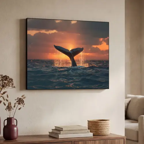 Walvis staart - Water - Zonsondergang Textielframe zwart klein -sfeer3