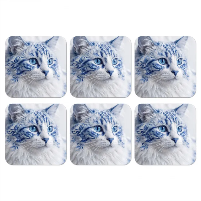 Kat - Patroon - Blauw onderzetter kurk middel -3d