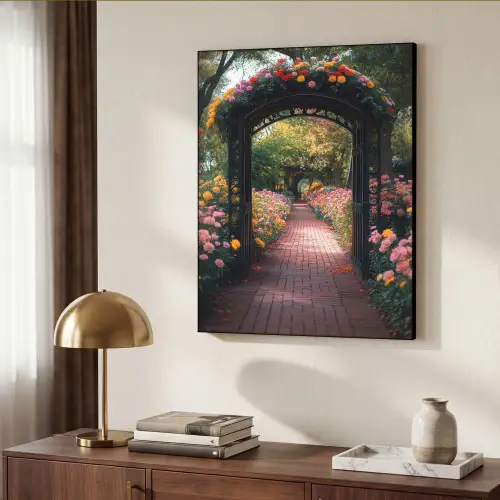 Doorkijk - Bloemen - Pad - Natuur - Kleurrijk Textielframe - compleet frame klein -sfeer3