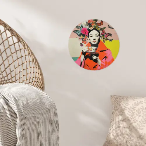 Retro - Vrouw - Kopje - Vlinders Wandcirkel behangsticker klein -sfeer4