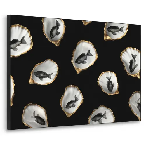 Oesters - Zwart - Vissen - Goud Textielframe zwart klein -3d