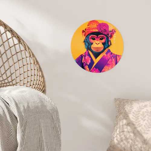 Aap - Kimono - Bloemen - Hoofdtooi Wandcirkel behangsticker klein -sfeer4