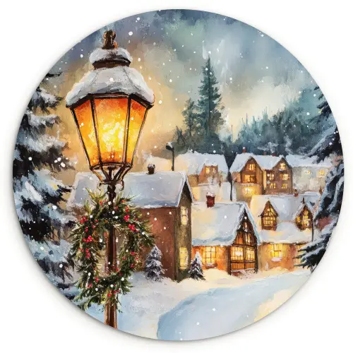 Kerstdorp - Huizen - Sneeuw - Kerst Wandcirkel kunststof plaat 5mm dik klein -3d