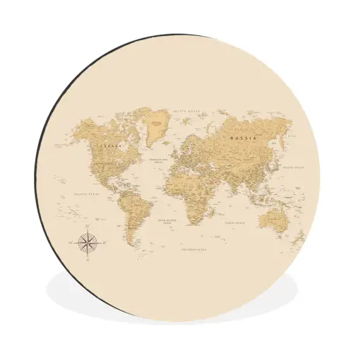 Wereldkaart - Realistisch - Beige Wandcirkel aluminium klein -3d