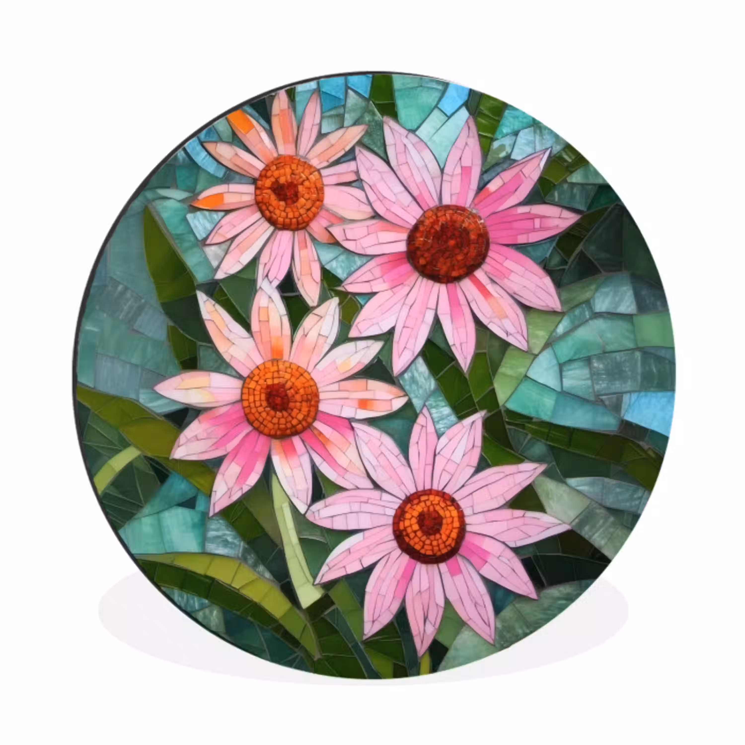 Bloemen - Roze - Glasmozaïek Wandcirkel aluminium klein -3d