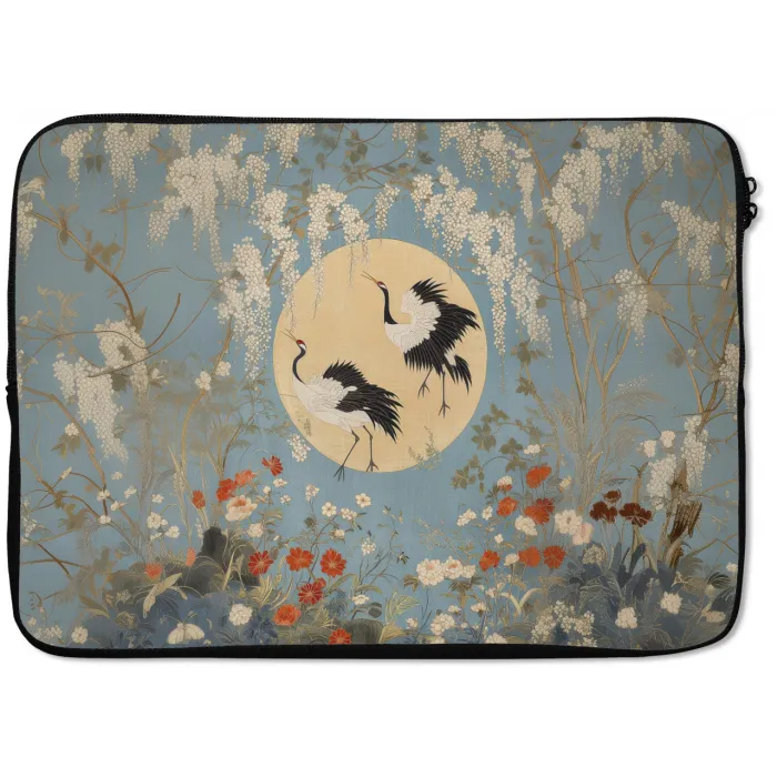 Kraanvogels - Maan - Bloemen - Blauw laptophoes neopreen klein -zkaufland3dotto