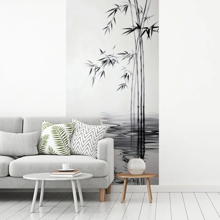 Bamboestammen - Water - Minimalistisch - Wit fotobehang vinyl groot -woonkamer