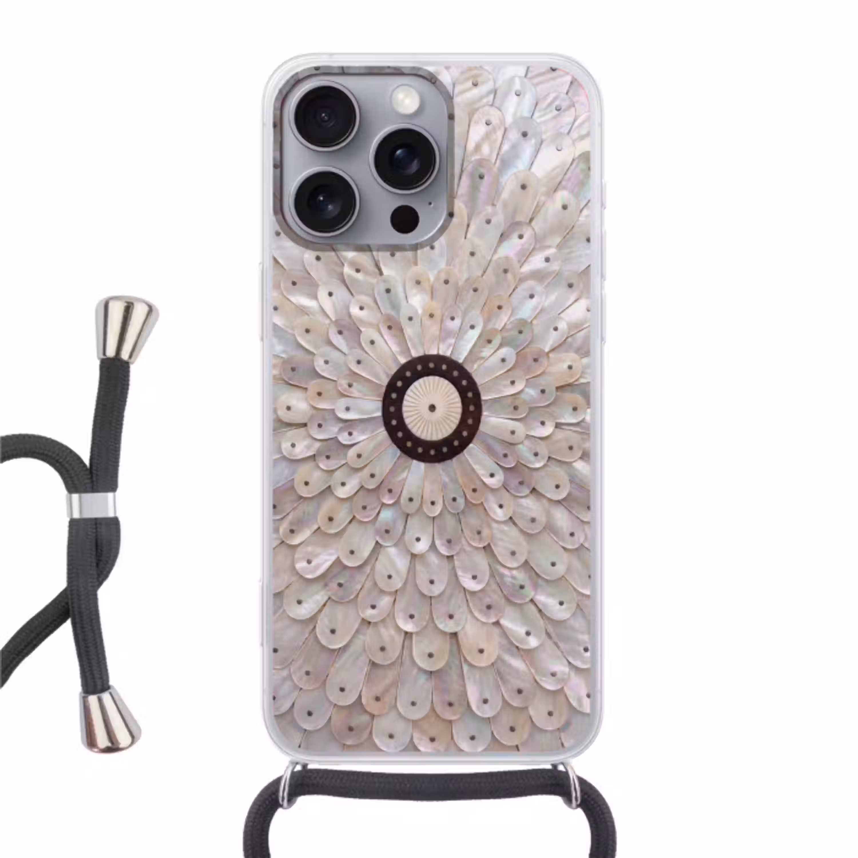 Parelmoer - Patroon - Decoratie - Ambacht - Wit Hoesje iPhone 16 Pro Max met koord klein -3d