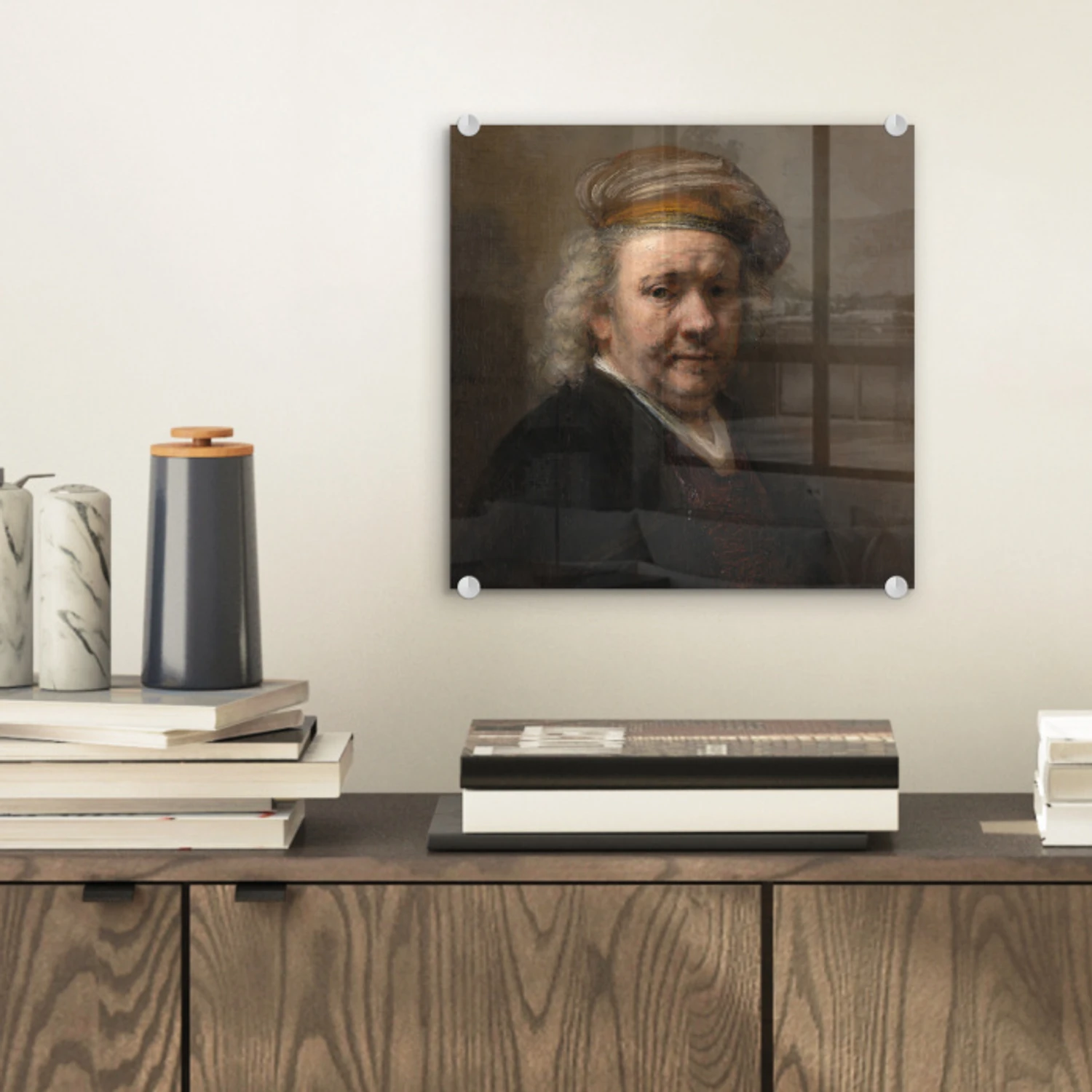 Zelfportret - Schilderij van Rembrandt van Rijn plexiglas 5mm klein -sfeer1