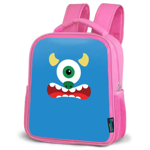 Dierenportret - Monster - blauw Kinderrugzak - Roze middel -schuin