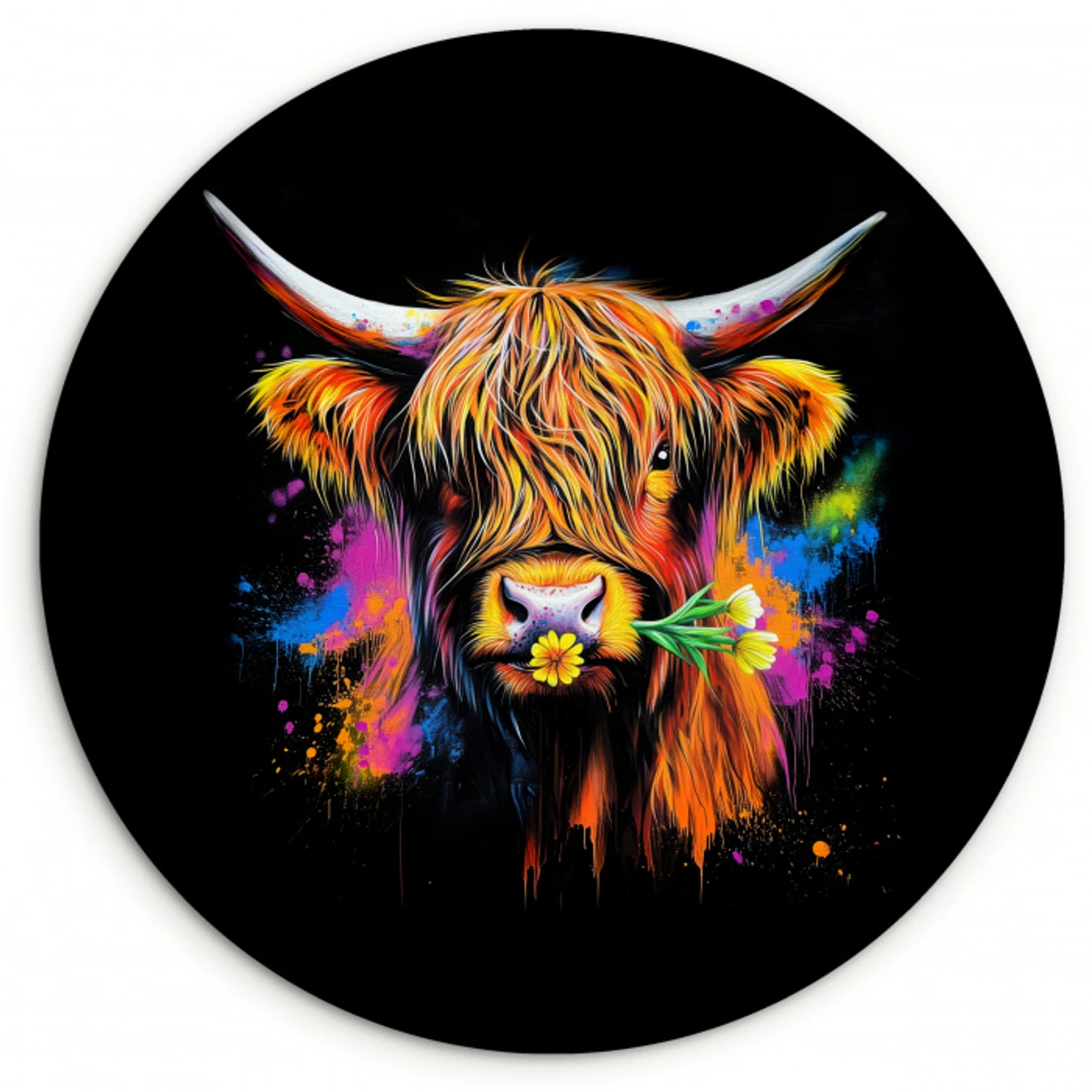 Schotse Hooglander - Graffiti - Kleurrijk - Bloem - Dieren Wandcirkel kunststof plaat 5mm dik klein -3d