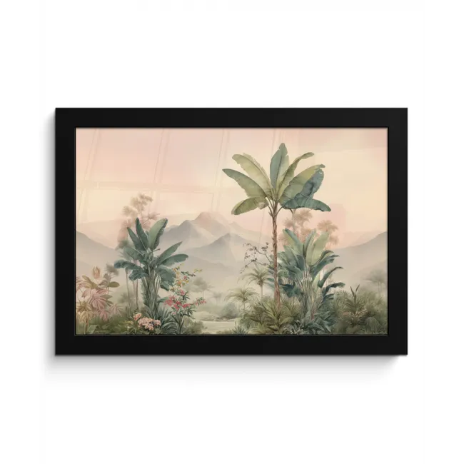 Tropisch landschap - palmbomen - Bloemen - Roze lucht fotolijst zwart zonder passe partout klein -3d