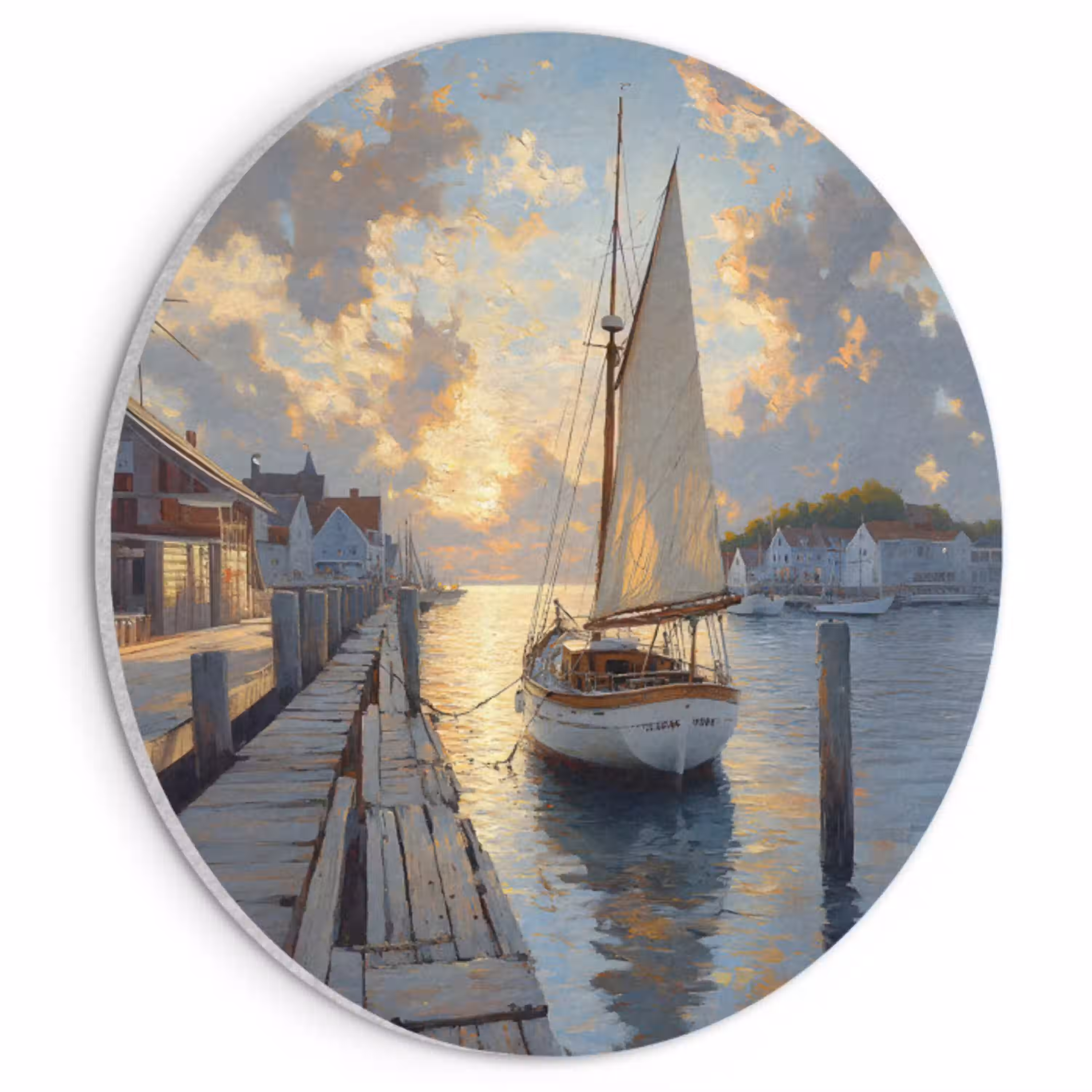 Zeilboot - Zon - Pier - Hout Akoestische PET Vilt - Rond klein -3d