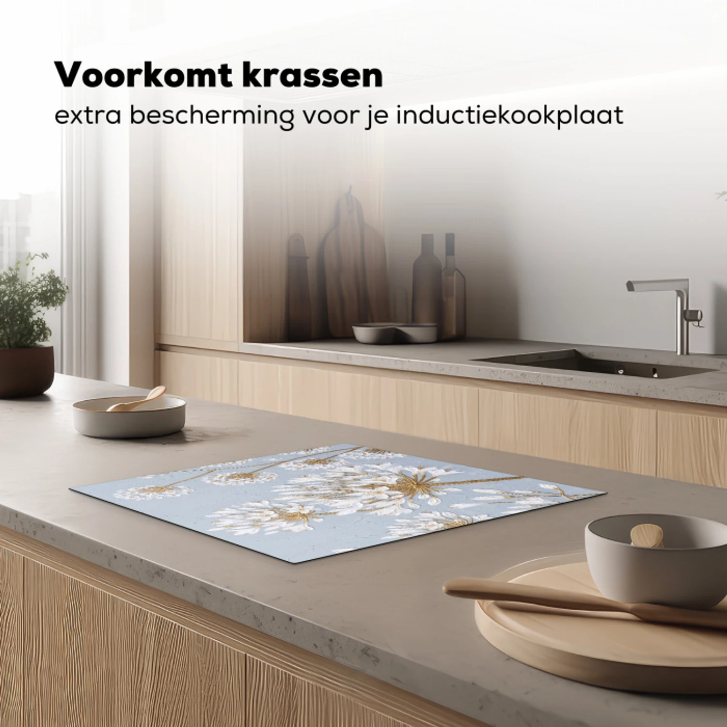 Illustratie - Bloemen - Blauw Inductie beschermer vinyl 3mm middel -sfeer1