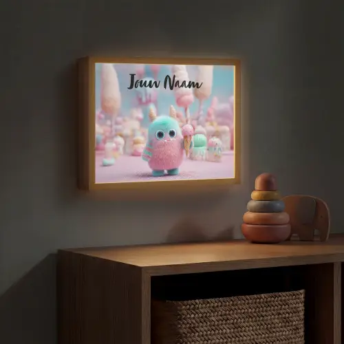 Monster - Pastel - Roze - Snoep Light Box met batterij (Wandlamp kind) middel -sfeer5_kind