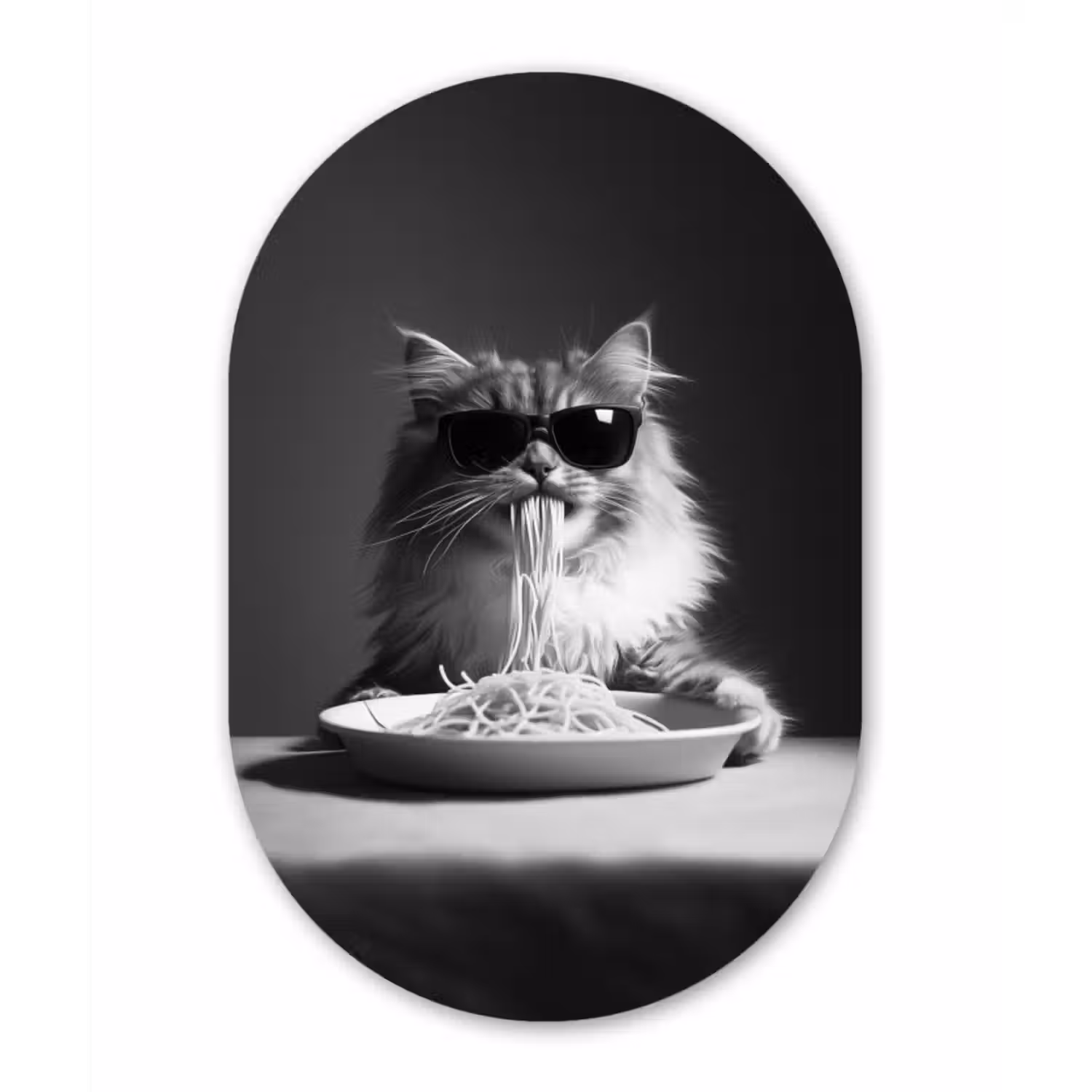 Muurovaal glas - Langharige kat - Zonnebril - Spaghetti - Humor - Zwart - wit