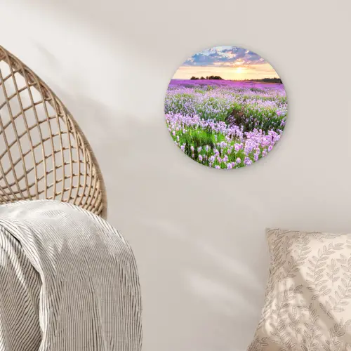 Lavendel - Bloemen - Zonsondergang - Paars - Weide Wandcirkel kunststof plaat 5mm dik klein -sfeer5