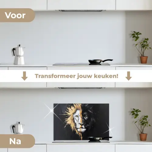 Leeuw - Gesplitst - Zwart - Lijn keuken achterwand spatscherm klein -voor_na_NL