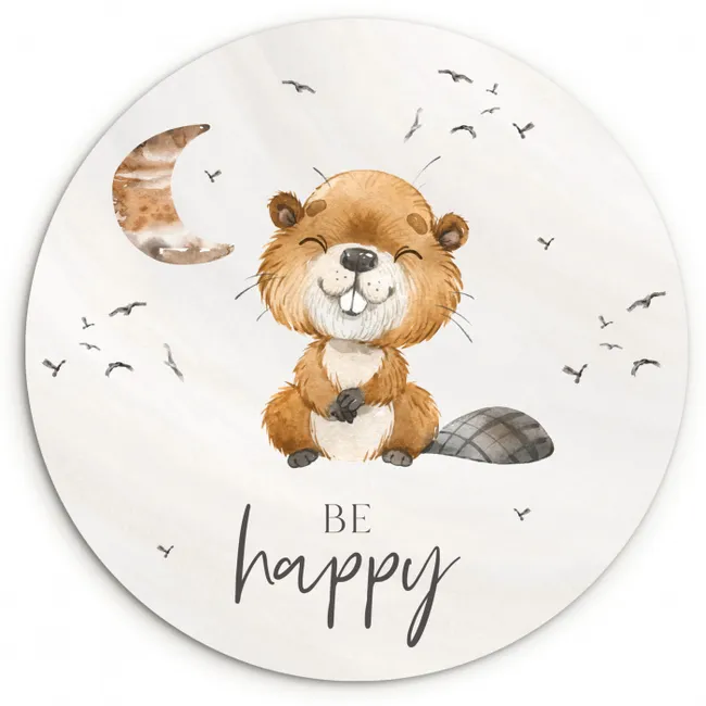 Quotes - Be happy - Kinderen - Maan - Bever - Waterverf Wandcirkel kunststof plaat 5mm dik klein -3d