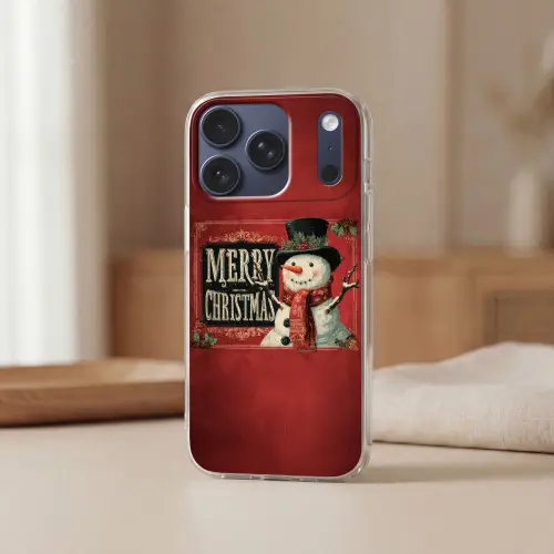 Klassiek - Kerstgroet - Sneeuwpop - Rood Telefoonhoesje iPhone 17 Pro klein -sfeer2