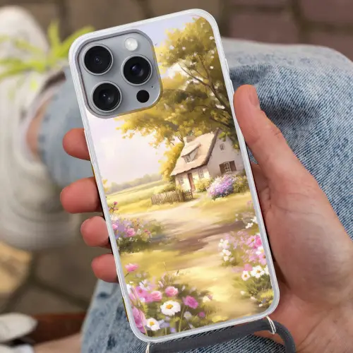 Huisje - Hout - Bloemen Hoesje iPhone 16 Pro Max met koord klein -sfeer3