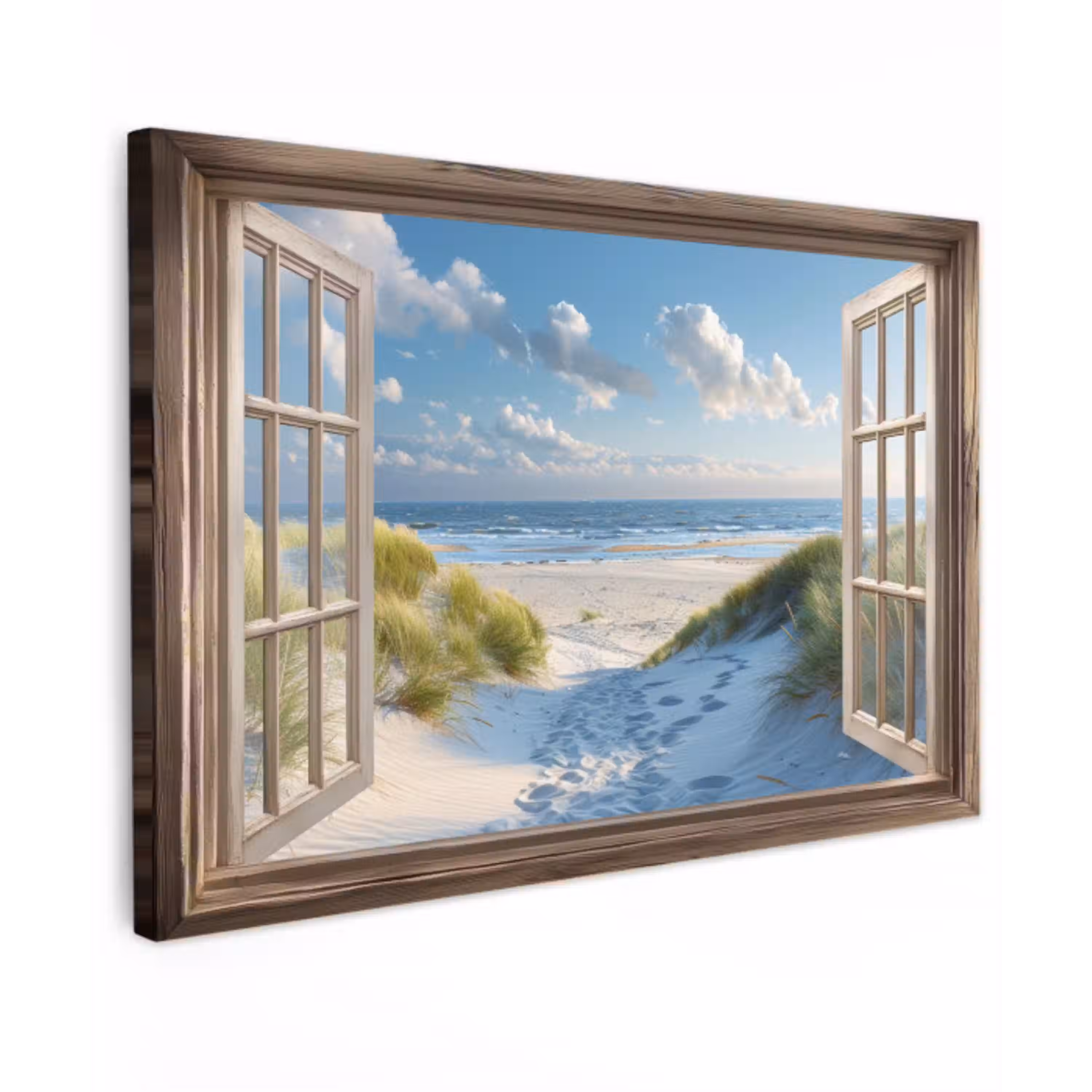 Doorkijk - Strand - Raam - Duinen - Zee Tuinposter op houten frame 2 cm dik klein -3d