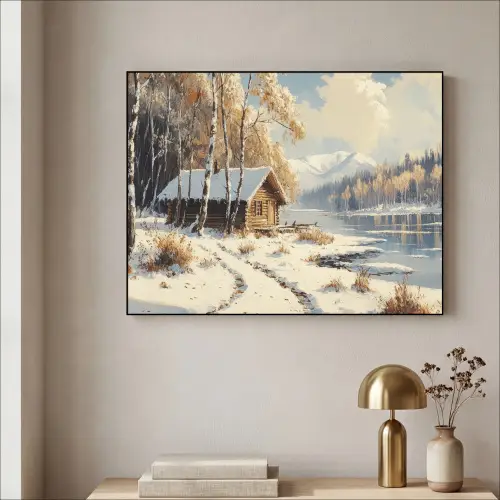 Winter - Sneeuw - Huis - Natuur Textielframe zwart klein -sfeer2