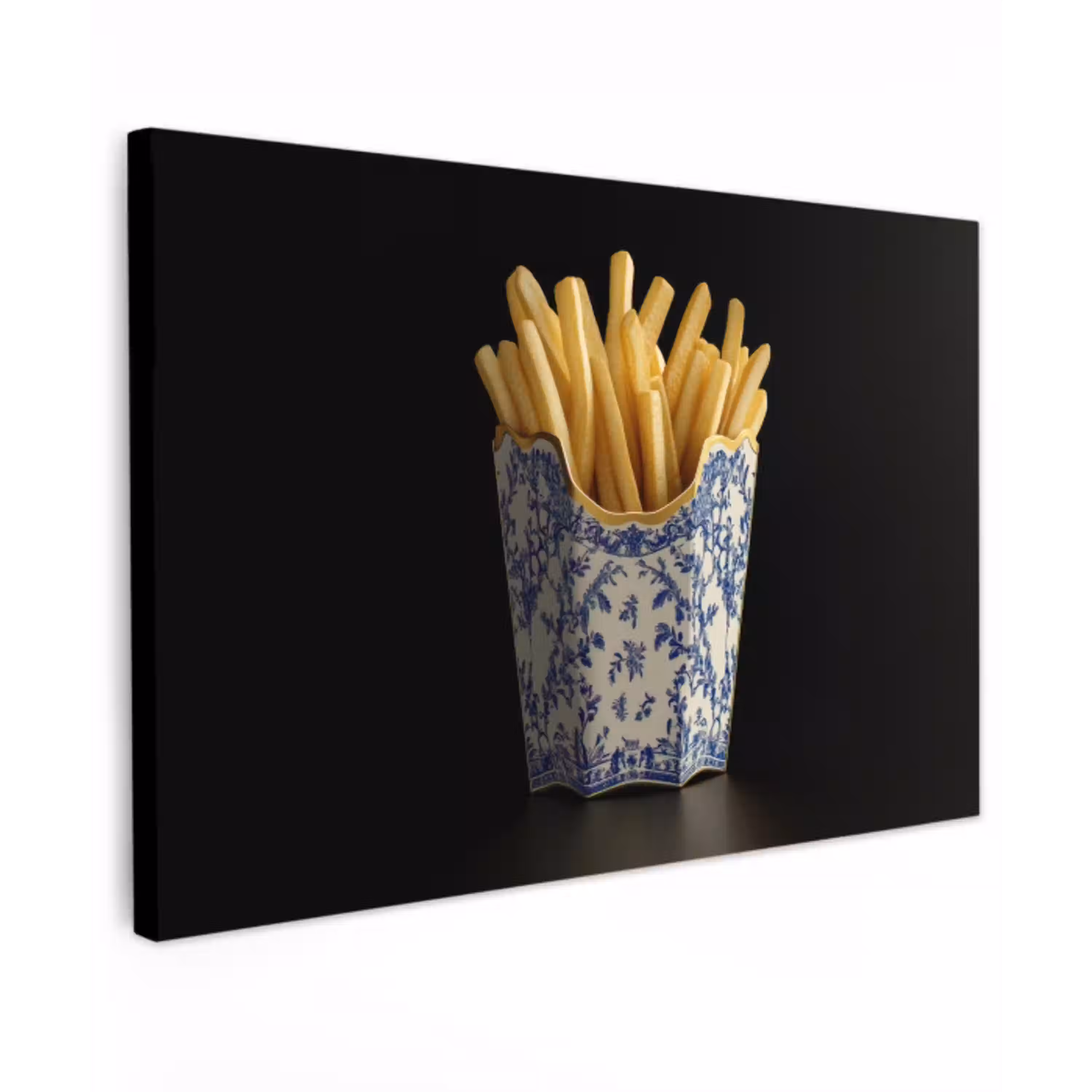 Friet - Porselein - Delfts blauw - Eten Tuinposter op houten frame 2 cm dik klein -3d