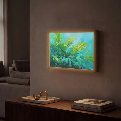 Bladeren - Groen - Schilderij - Abstract Light Box met batterij (Wandlamp) middel -sfeer1