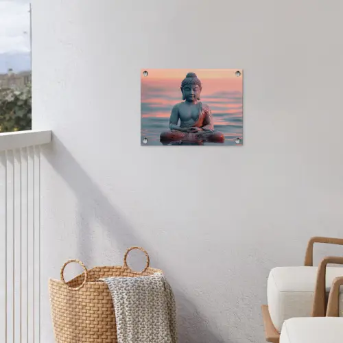 Mediterende Boeddha bij zonsondergang tuinposter los doek klein -sfeer8