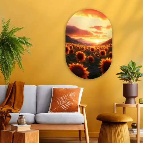 Zonnebloemen - Zonsondergang - Landschap Wandcirkel Ovaal Glas middel -sfeer4