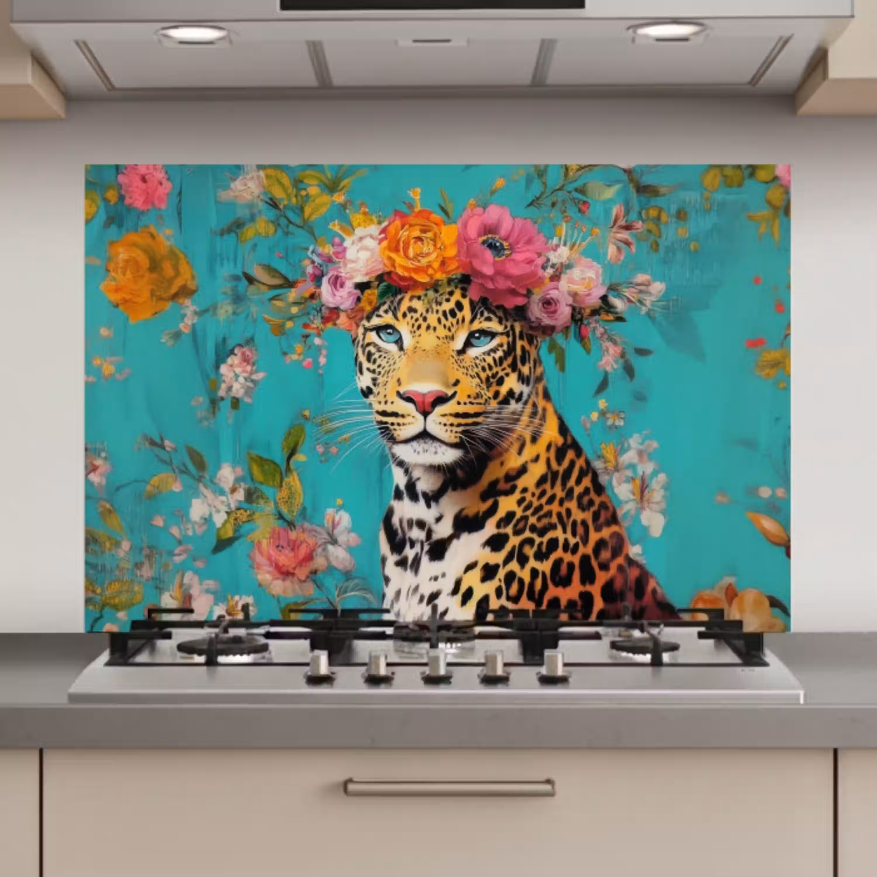Luipaard - Bloemen - Kroon keuken achterwand spatscherm klein -3d_website