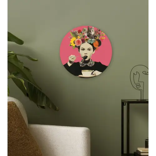 Meisje - Kopje - Bloemen - Roze Wandcirkel kunststof plaat 5mm dik klein -sfeer3
