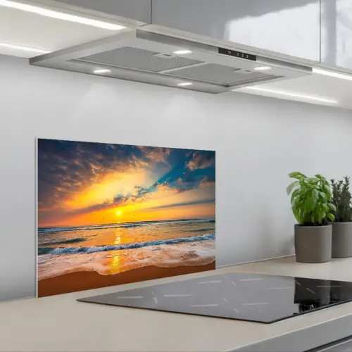 Zonsondergang - Strand - Zee - Wolken - Oranje keuken achterwand spatscherm klein -3d_schuin