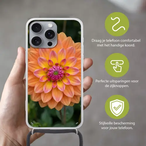Dahlia - Bloem - Oranje Hoesje iPhone 16 Pro Max met koord klein -sfeer2_NL