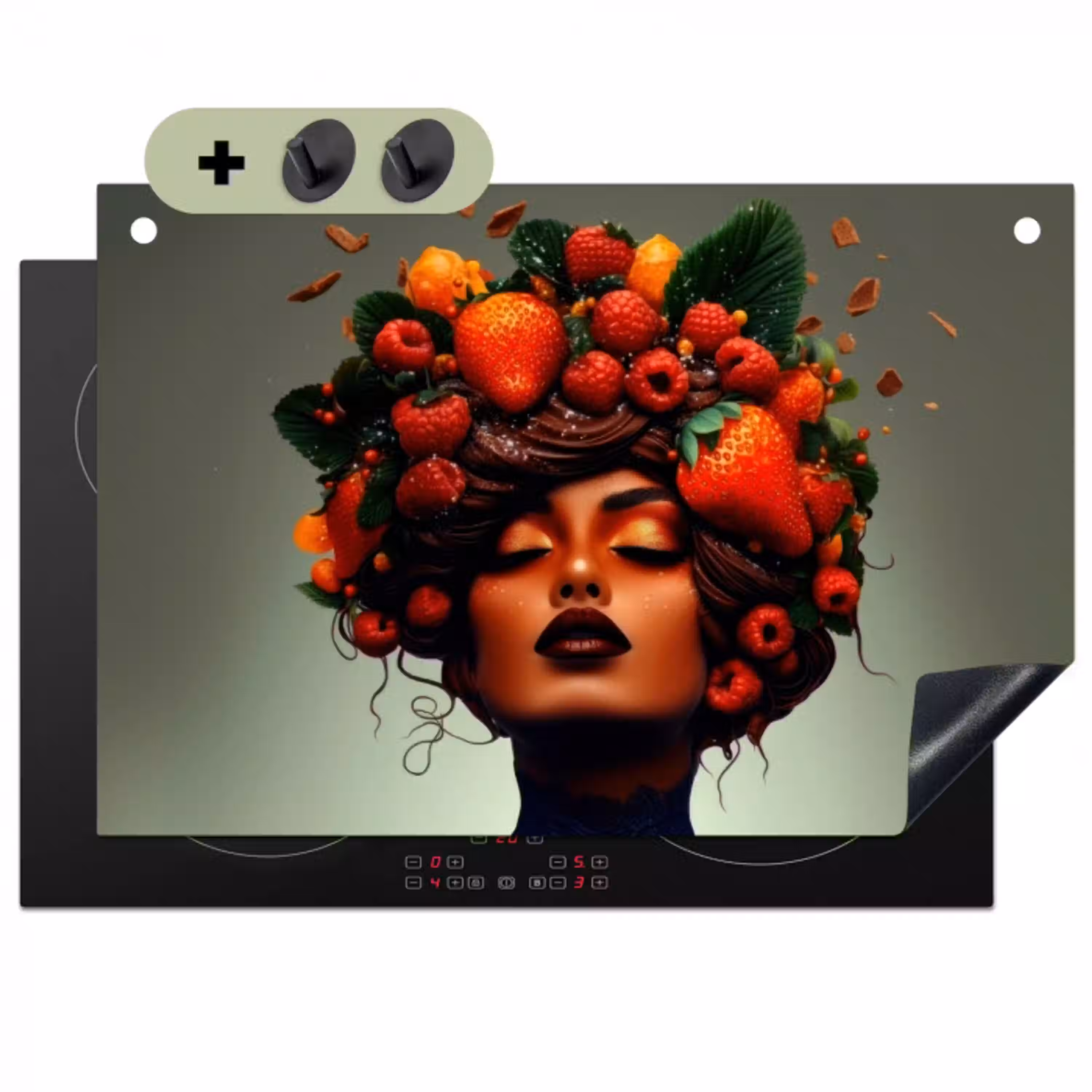 Vrouw - Chocolade - Frambozen - Aardbeien - Koekjes Inductie beschemer met haakjes klein -3d