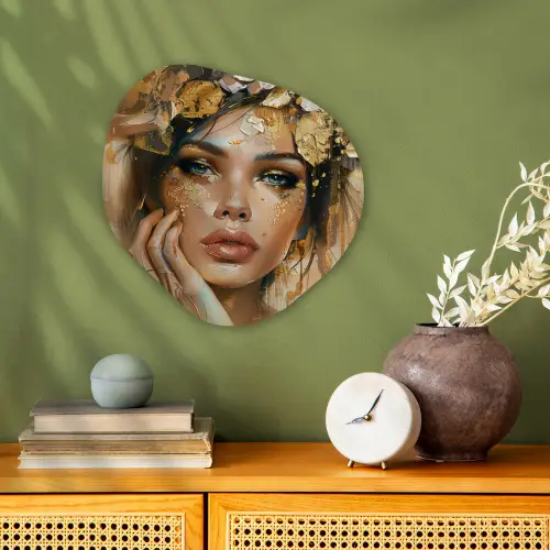 Vrouw - Bloemen  - Goud - Portret Wandcirkel Organisch Forex 3mm klein -sfeer2