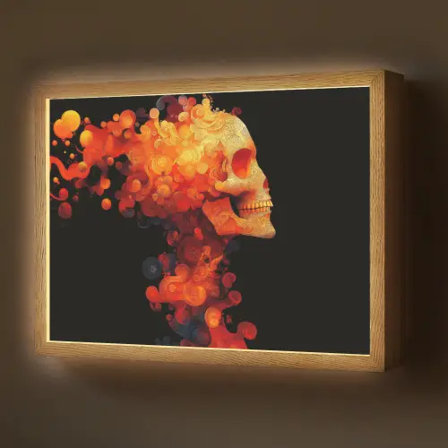 Schedel - Oranje - Zijaanzicht - Vlammen Light Box met batterij (Wandlamp) middel -z3d_website