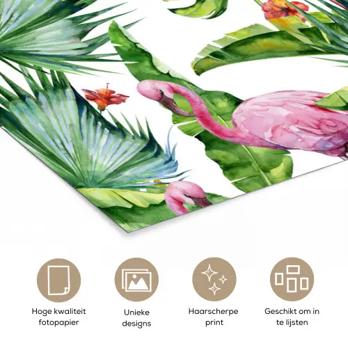 Flamingo - Bloemen - Bladeren - Jungle - Tropical poster papier klein -closeup_NL