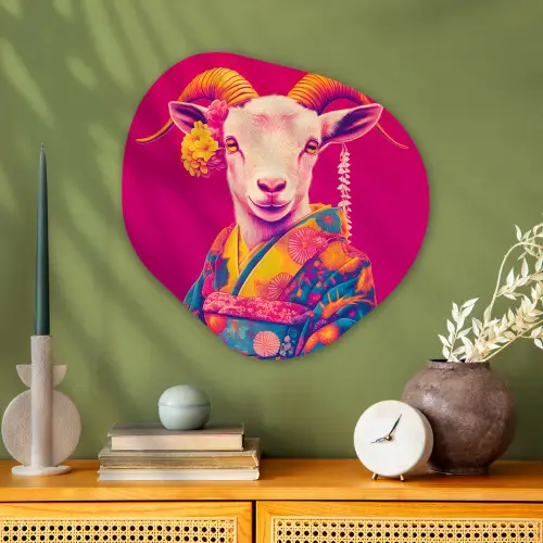 Geit - Hoorns - Kimono - Kleurrijk Wandcirkel Organisch Aluminium middel -sfeer2